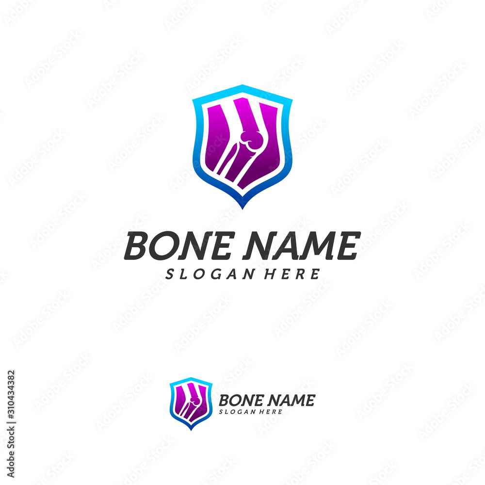 Bone shield logo. Healthy bone Icon. Knee bones and joints care protection logo template. Medical flat logo design. Vector of human body health. Emblem symbol. Bone shield logo. Healthy bone Icon. Knee bones and joints care protection logo template. Medical flat logo design. Vector of human body health. Emblem symbol.