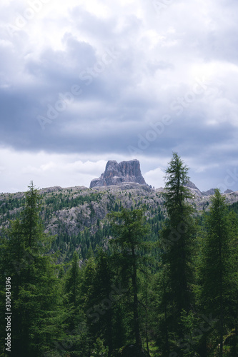 Cinque Torri at distance - Dolomiti Mountains - Italy Europe  vertical photo  pine forest  dramatic cloud