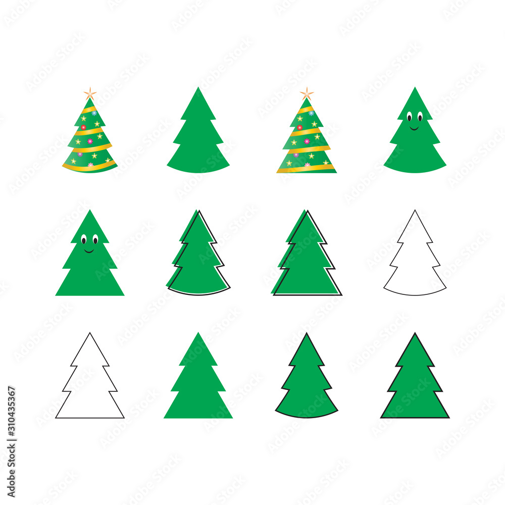 Set of flat vector Christmas tree illustrations isolated on a white background. Set of flat vector Christmas tree illustrations isolated on a white background.