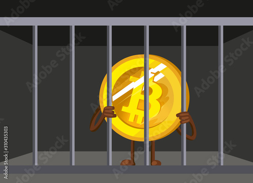 Bitcoin Ban. BTC illegal. Cartoon bitcoin in prison vector illustration. Funny bitcoin. Prohibition of trade in bitcoins.