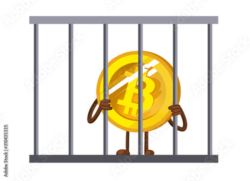 Bitcoin Ban. BTC illegal. Cartoon bitcoin in prison vector illustration. Funny bitcoin. Prohibition of trade in bitcoins.