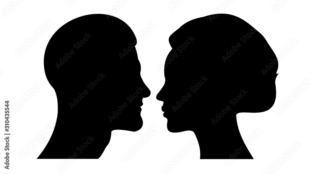 Profile of a male and female head. Vector avatar, profile icon, head silhouette. Vector graphic in flat style on a white background.