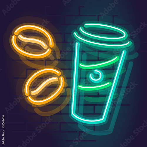 Neon tumbler and beans icons. Coffee to go with coffee beans. Isolated icons on brick wall background.