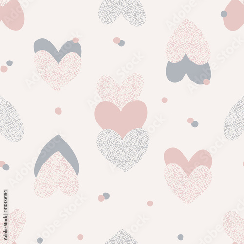 Vector seamless pattern with dotted texture heart shapes. Romantic decorative background for Valentine Day. Love hearty backdrop.