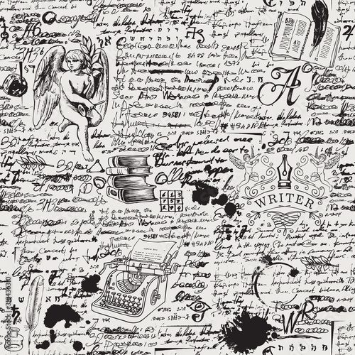 Vector seamless pattern on a writers theme. Black and white background with hand-drawn angel, typewriter, books and illegible handwritten notes. Suitable for wallpaper, wrapping paper or fabric
