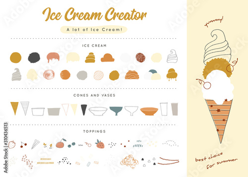 Big vector set of ice-cream elements. Ice cream creator.