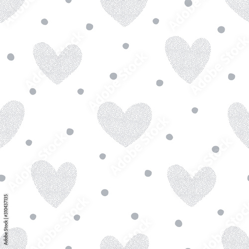 Vector seamless pattern with dotted texture heart shapes. Romantic decorative background for Valentine Day. Love hearty backdrop.