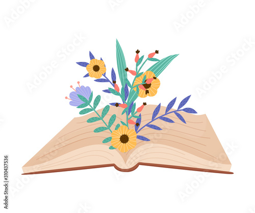Opened Book in Hard Cover With Floral Compositions Peeped Out From it Vector Illustration