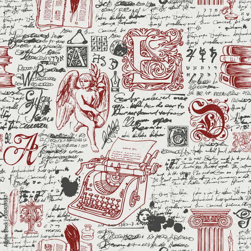 Vector seamless pattern on the theme of writers. Abstract background with illegible handwritten notes and hand drawn angel, typewriter, capital letters. Suitable for Wallpaper, wrapping paper, fabric