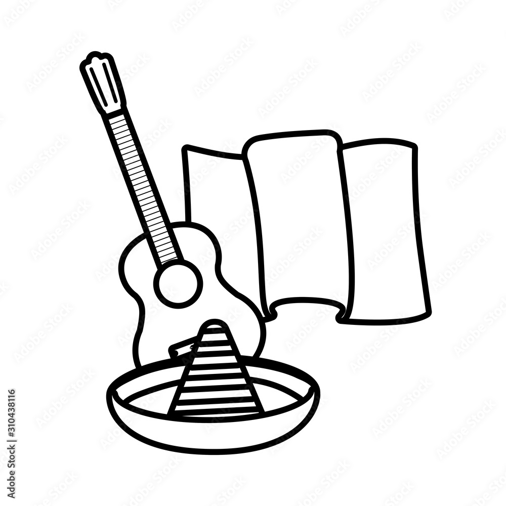 Fototapeta premium Isolated mexican hat guitar and map vector design