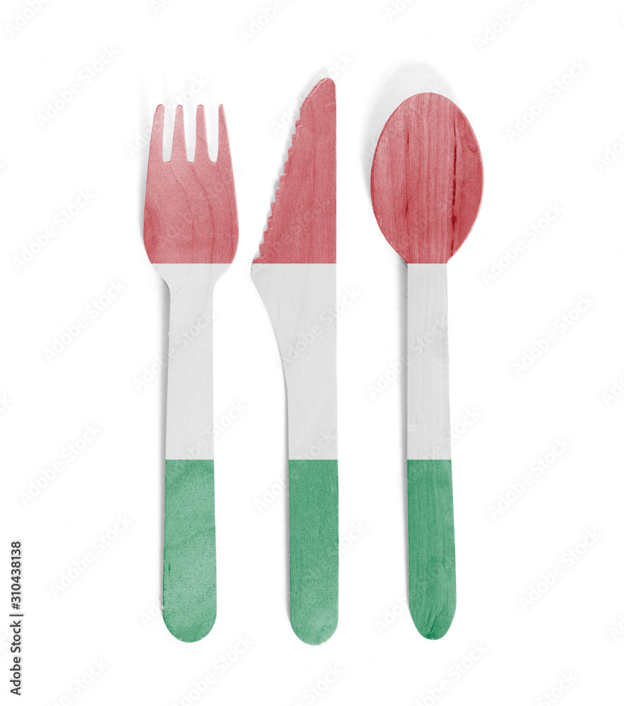 Eco friendly wooden cutlery - Plastic free concept - Flag of Hungary Eco friendly wooden cutlery - Plastic free concept - Flag of Hungary
