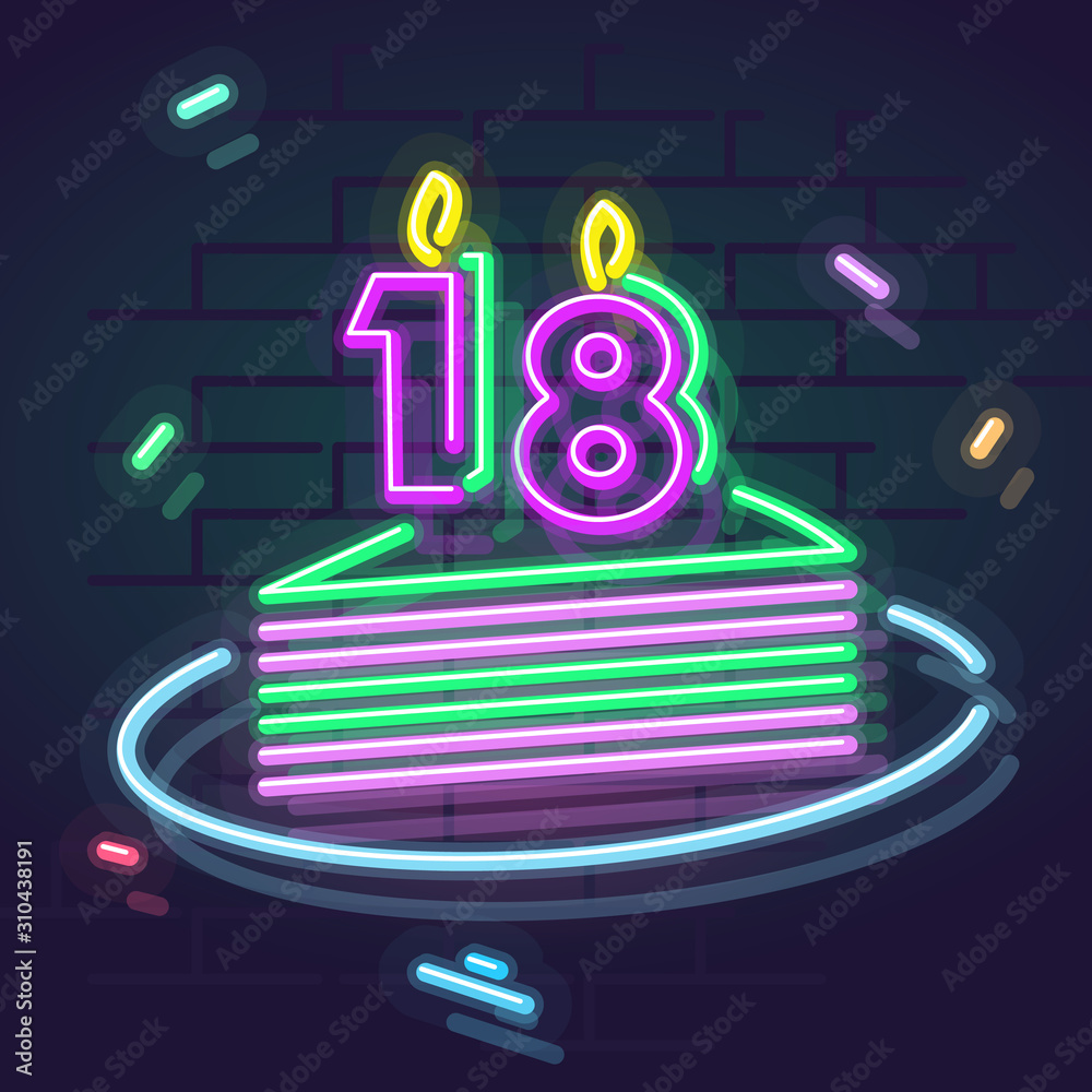 Neon 18 years anniversary candle on cake. Night illuminated wall for social network post or logo. Square illustration on brick wall background.
