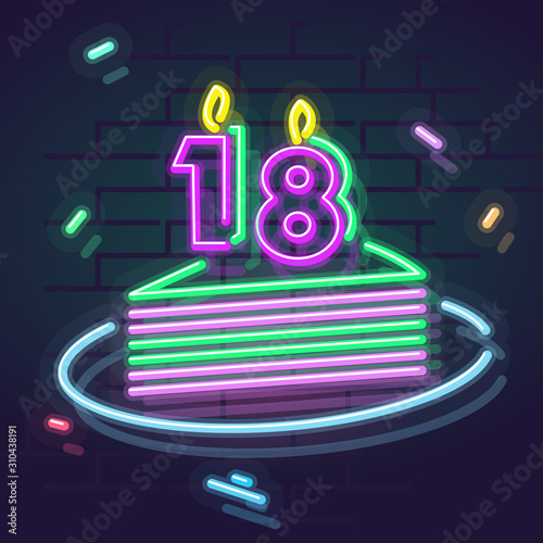 Neon 18 years anniversary candle on cake. Night illuminated wall for social network post or logo. Square illustration on brick wall background.