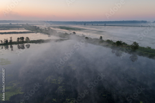 Aerial view of the dawn with fog in the fishponds, Crna Mlaka, Croatia