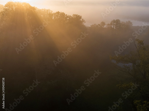 Aerial view of the dawn with fog in the fishponds, Crna Mlaka, Croatia