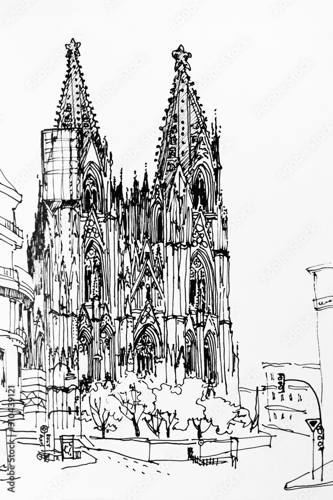 Fototapeta premium Koln (Cologne) dome gothic church speed drawing architectural ink sketch, Germany, Europe