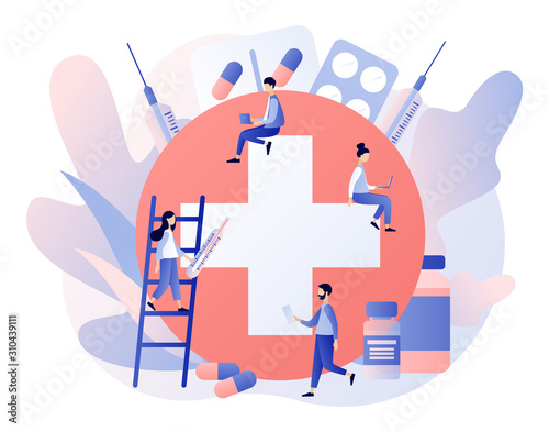 Online pharmacy store concept. Buy medicaments and drugs online. Tiny people Pharmacists in Drugstore near Medicine Pills and Bottles. Modern flat cartoon style.Vector illustration on white background