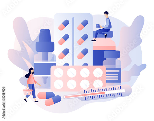 Online pharmacy store concept. Buy medicaments and drugs online. Tiny people Pharmacists in Drugstore near Medicine Pills and Bottles. Modern flat cartoon style.Vector illustration on white background