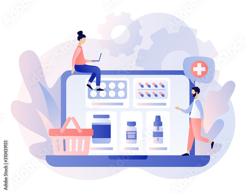 Online pharmacy store concept. Buy medicaments and drugs online. Tiny people Pharmacists in Drugstore near Medicine Pills and Bottles. Modern flat cartoon style.Vector illustration on white background