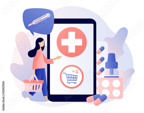 Online pharmacy store concept. Buy medicaments and drugs online. Tiny people Pharmacists in Drugstore near Medicine Pills and Bottles. Modern flat cartoon style.Vector illustration on white background