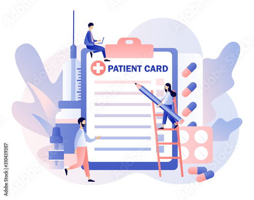 Online doctor concept. Patient consultation to the doctor. Online Medical Service. Tiny people doctors with patient card. Modern flat cartoon style. Vector illustration on white background