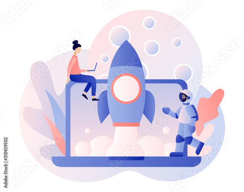 Lunar mission space exploration. Tiny people launches a rocket in space. Spaceship travel to moon. Rocket flying around Moon orbit. Astronauts in space. Modern flat cartoon style. Vector illustration