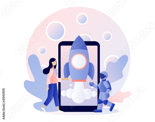 Lunar mission space exploration. Tiny girl launches a rocket from a smartphone in space. Spaceship travel to moon. Modern flat cartoon style. Vector illustration