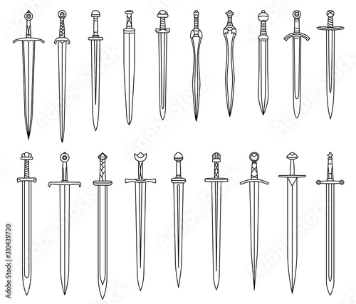 Set of simple monochrome images of medieval short swords drawn by lines.