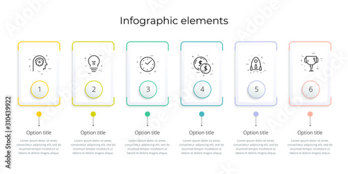 Business process chart infographics with 6 step rectangles. Rectangular corporate workflow graphic elements. Company flowchart presentation slide template. Vector info graphic design.