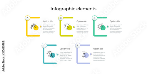 Business process chart infographics with 5 step rectangles. Rectangular corporate workflow graphic elements. Company flowchart presentation slide template. Vector info graphic design.