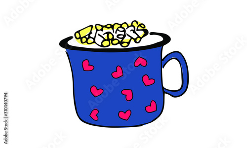 hand-drawn tea or coffee and marshmallow mug classic blue with heart. cute tea, coffee, Valentine Doodle art. use it as a clipart in greeting cards, print on clothes, animation, packaging
