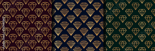 Set of three Gemstone Seamless pattern in minimal trendy style. Gold linear diamonds on a dark background. Vector