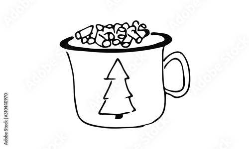 hand-drawn tea or coffee and marshmallow mug with x-mas tree. cute tea, coffee, Valentine Doodle art. use it as a clipart in cards, print on clothes, animation, packaging