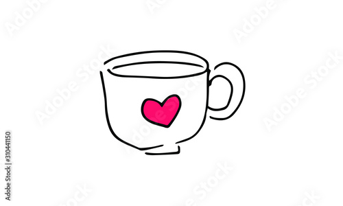 hand-drawn tea or coffee mug with heart. cute tea, coffee, Valentine Doodle art. use it as a clipart in greeting cards, print on clothes, animation, packaging