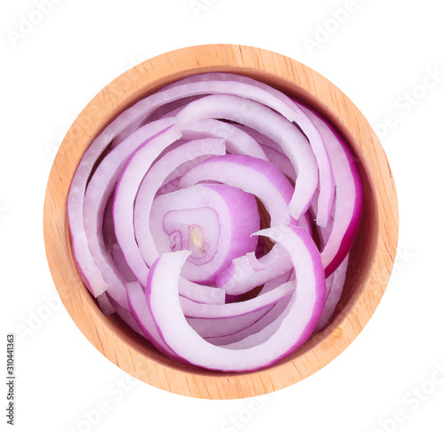 sliced red onion isolated on white background. top view