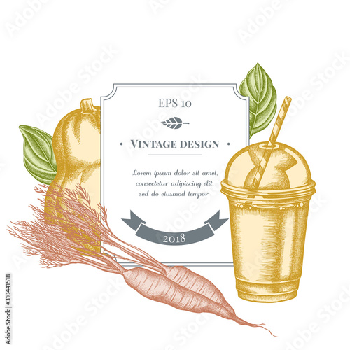 Badge design with pastel carrot, basil, pumpkin, smoothie cup