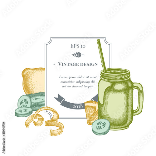 Badge design with pastel lemons, smothie jars, cucumber
