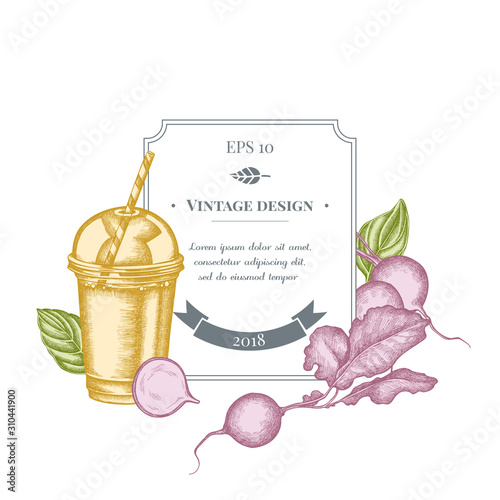 Badge design with pastel radish, greenery, basil, smoothie cup
