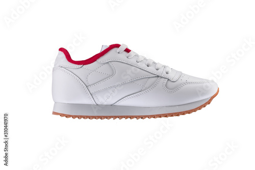 Sport shoes. White sneaker with a red insert on a white background.