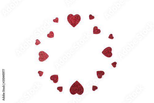 Romantic background with beautiful red hearts with sequins.