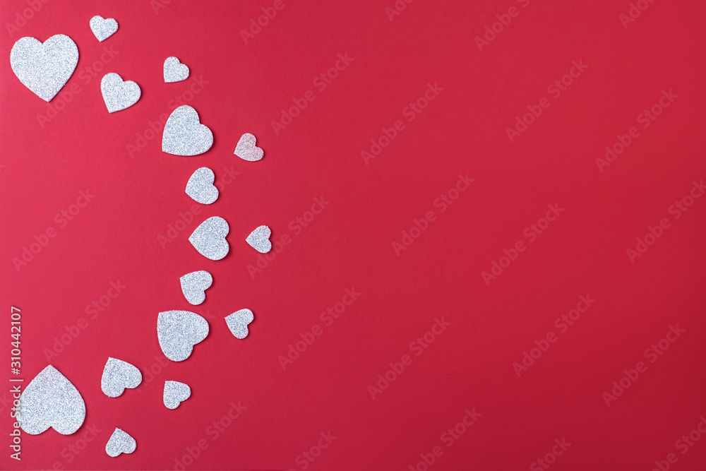 Romantic background with beautiful white hearts with sequins