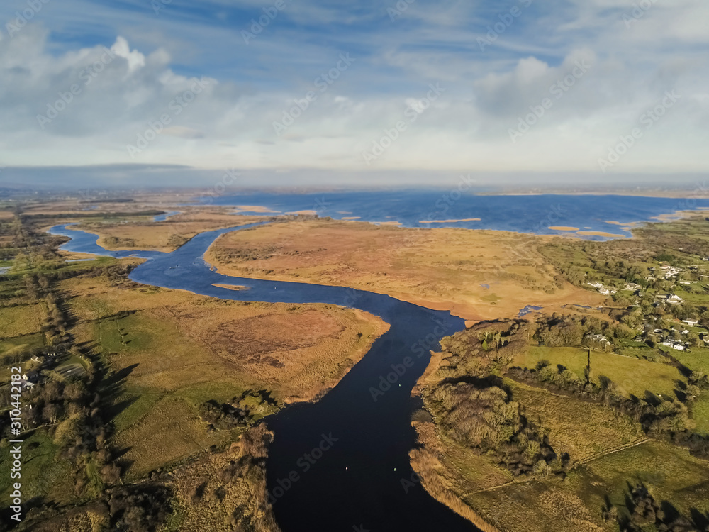 River and lake Corrib, Aerial view, County Galway, Ireland, Sunny day, Cloudy sky.