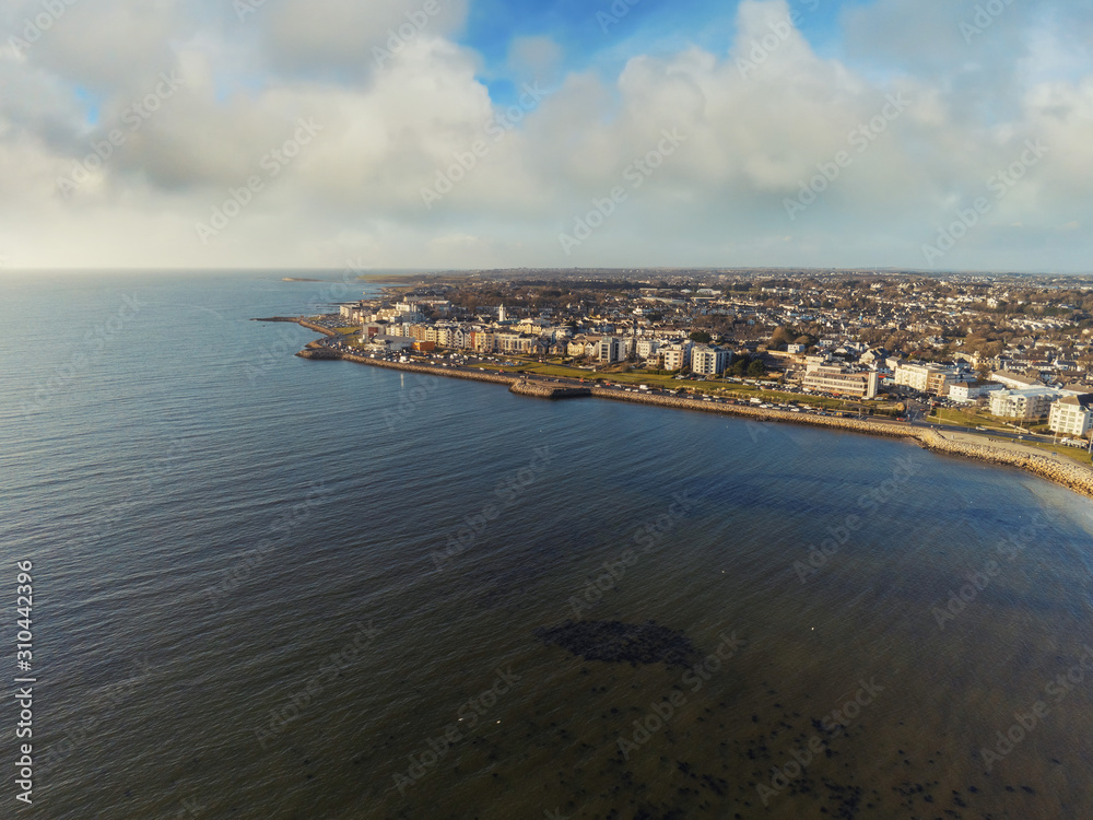 Aerial view on Salthill area of Galway city, Atlantic ocean, Sunny day, Cloudy sly. Popular tourists spot.