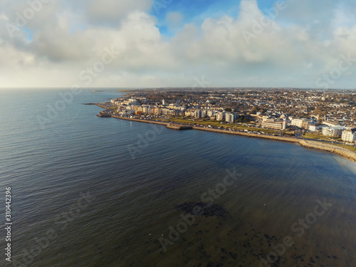 Aerial view on Salthill area of Galway city, Atlantic ocean, Sunny day, Cloudy sly. Popular tourists spot.