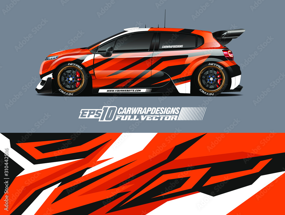 Racing car wrap design vector. Graphic abstract stripe racing background kit designs for wrap vehicle, race car, rally, adventure and livery. Full vector eps 10