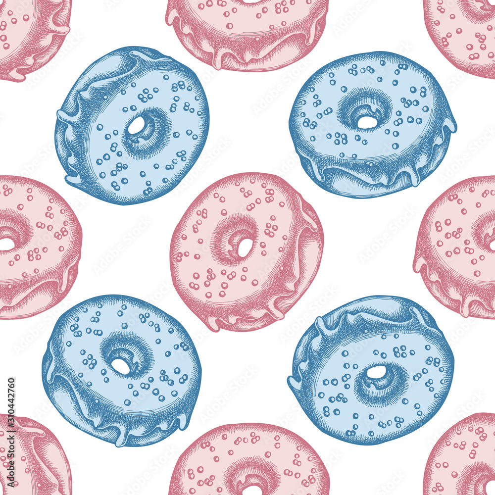 Fototapeta premium Seamless pattern with hand drawn pastel donut