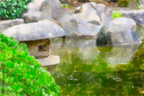 watercolor illustration: Pond in a Japanese garden with a traditional stone lantern in the foreground