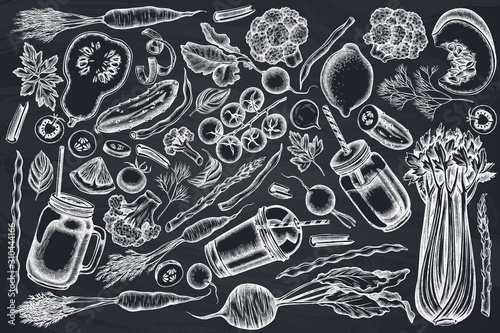 Vector set of hand drawn chalk lemons, broccoli, radish, green beans, cherry tomatoes, beet, greenery, carrot, basil, pumpkin, smoothie cup, smothie jars, cucumber, celery