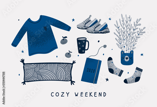 Set of cozy things and home decorations isolated on light background - pillow, diary, sweater with heart, flowers. Ready for cozy weekend and holidays. Vector cosiness illustration in blue color