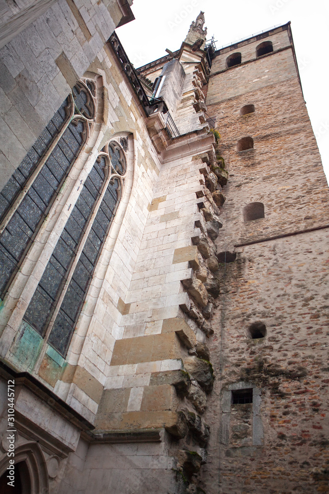 side view of architectural details of old cathedral 